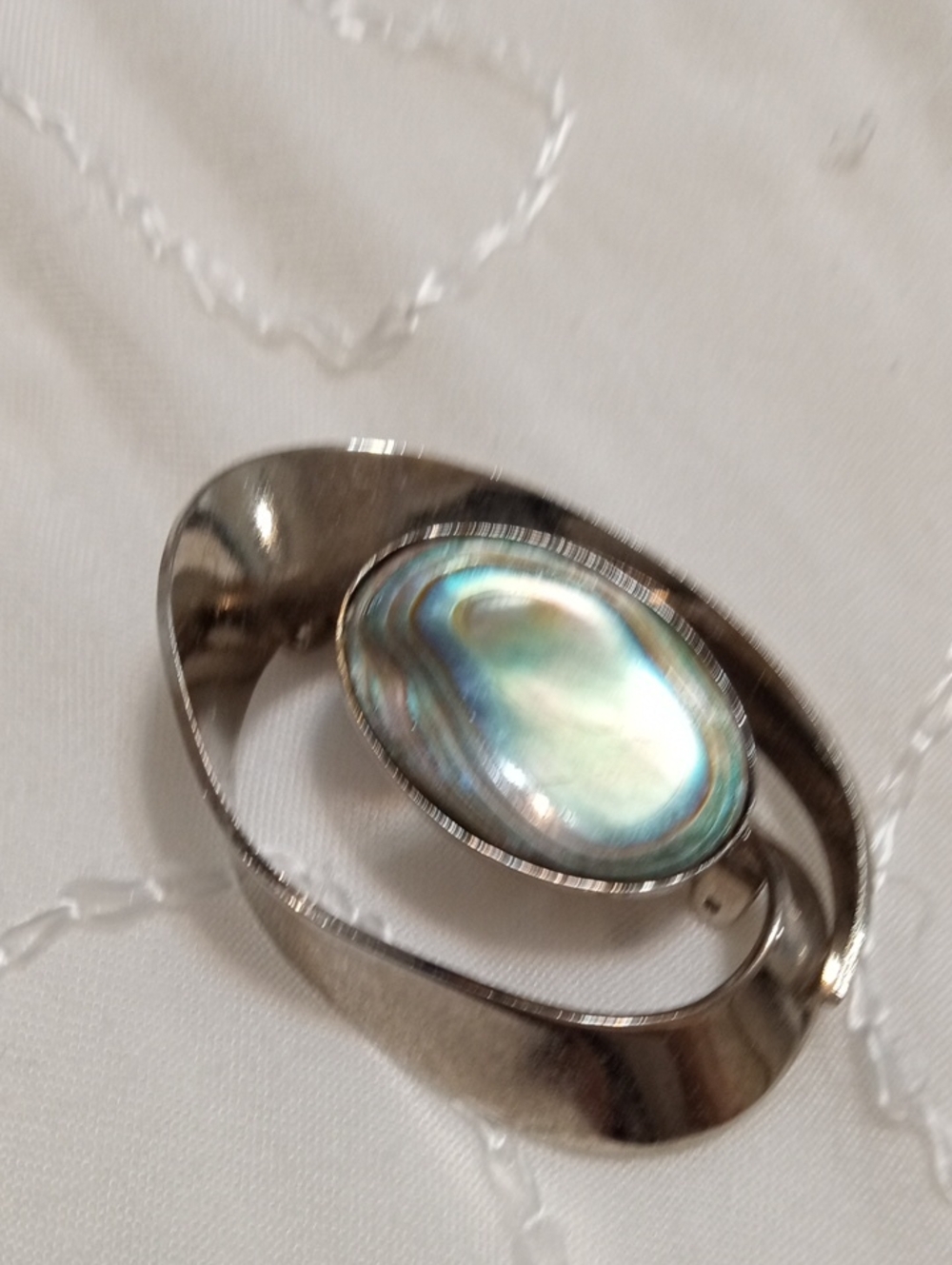 Vintage Iridescent Abalone Silver-Tone Oval Brooch